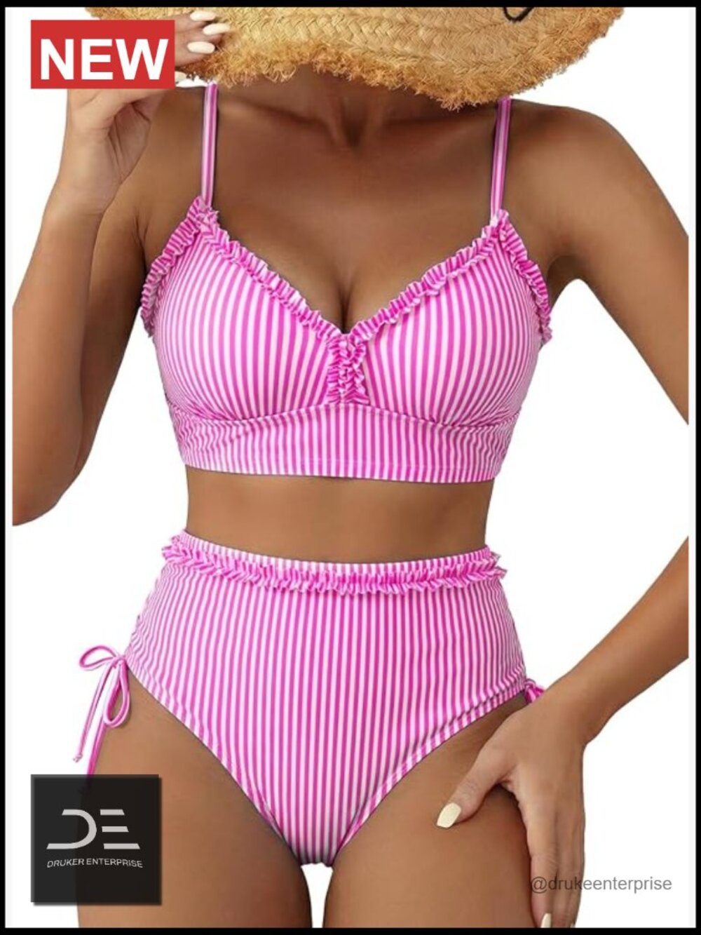 Splice Ruffle Trim High Waisted Bikini Set Tie Side Swimwear